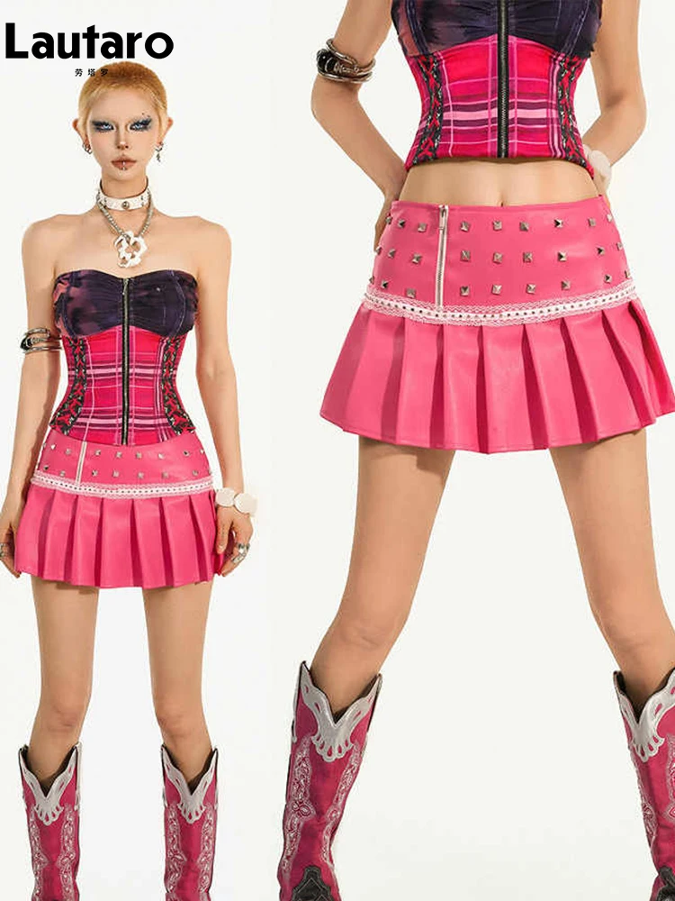 

Юбка-плиссе мини из искусственной кожи Lautaro, весна-осень, с заклепками, люксовая дизайнерская, в стиле Y2K, уличная мода, одежда в стиле гяру, альтернативная одежда 2026