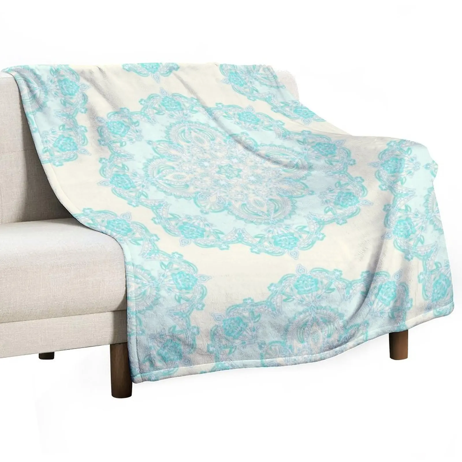 Aqua Lace Mandala on Cream - customer request Throw Blanket blankets ands Moving Sleeping Bag Blankets