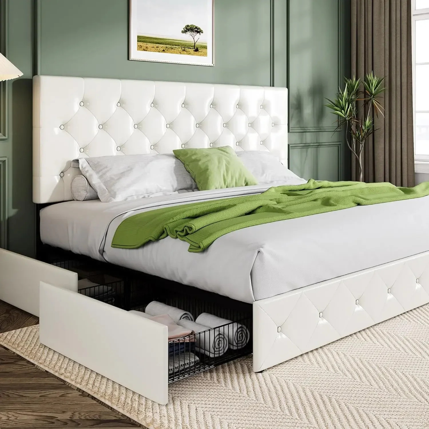 King Size Platform Bed Frame with 4 Storage Drawers and Headboard/Upholstered Diamond Stitched Button