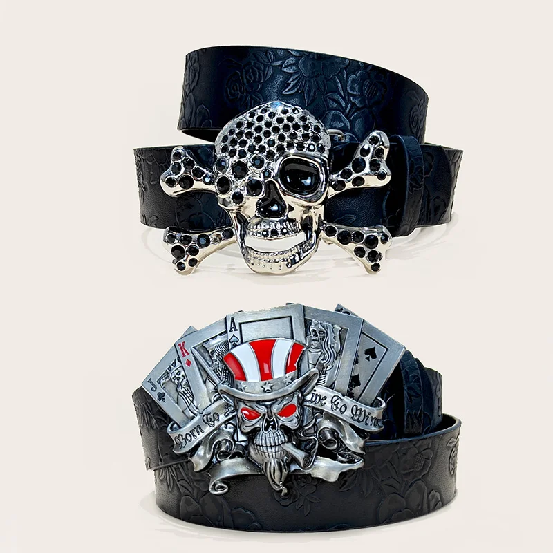 اكسسوارات القوطية حزام جلد PU للرجال والنساء الجمجمة مشبك هالوين تأثيري الديكور الأزهار محفورة حزام للجينز #1