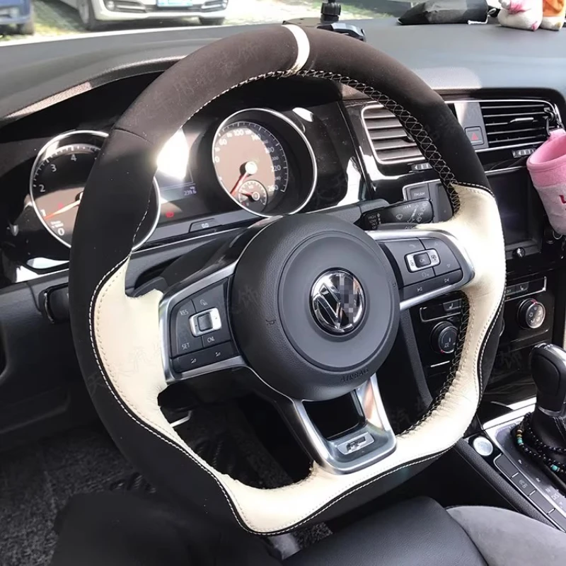 

100%Fit For Volkswagen VW Golf 7 GTI VW Polo GTI Scirocco 2015 2016 Hand-stitched Genuine Leather suede car steering wheel cover