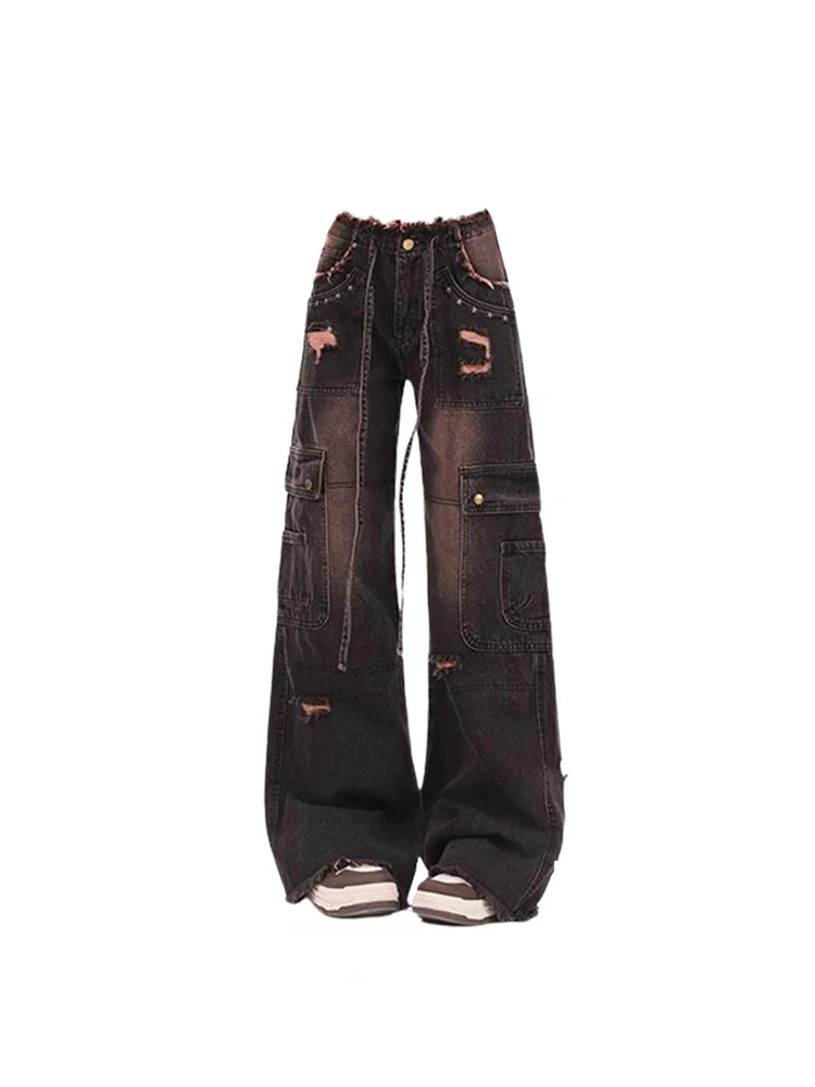 Women's 90s Vintage Black Gothic Cargo Jeans Y2k High Waist Wide Leg Denim Trousers Harajuku Baggy Jean Pants Emo 2000s Clothes