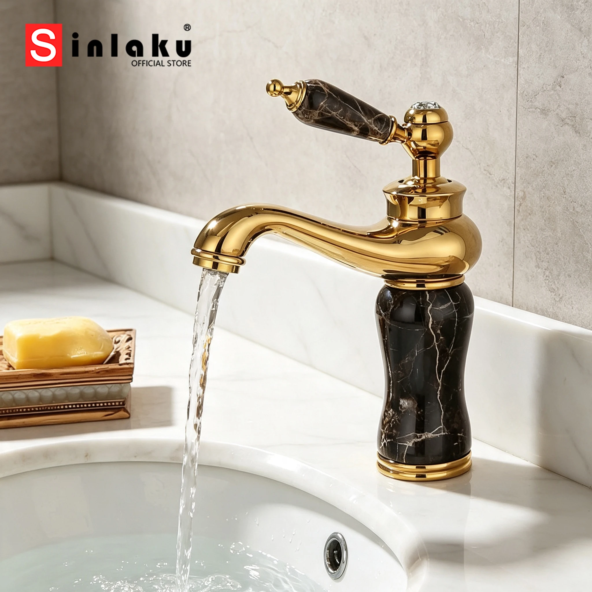 SINLAKU Luxury European Bathroom Basin Different Natural Jade Gold Faucet Vessel Sink Faucets Sink Cold Water Faucet Mixer Tap