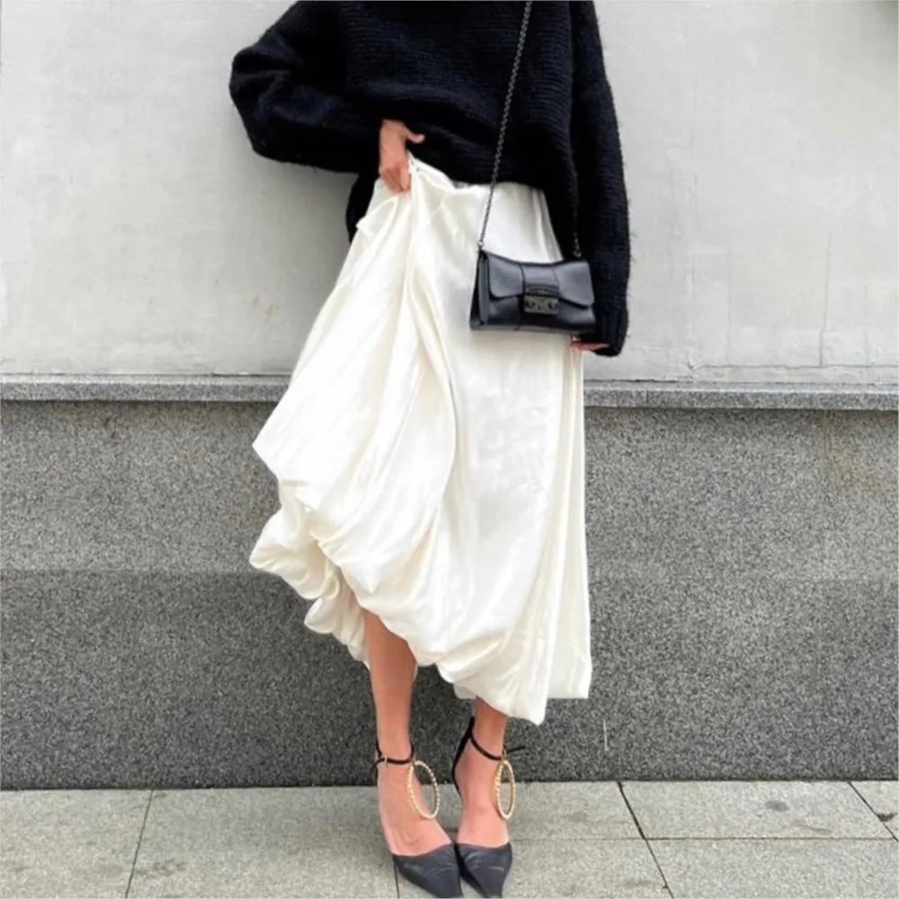 

Fashionable Solid Color Skirt Spring Summer Simpleelegant High-waisted Loose High-waisted Pleated Commuting Style Tutu Skirt