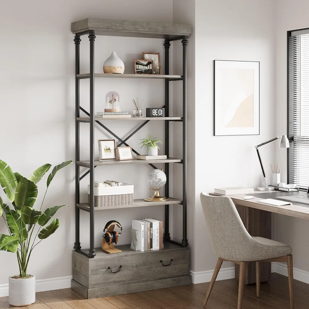 

Bookshelf with Storage Drawer, Tall Bookcase w/Metal Frame, Vintage Bookshelf Industry Display Storage Shelf Office Living Room