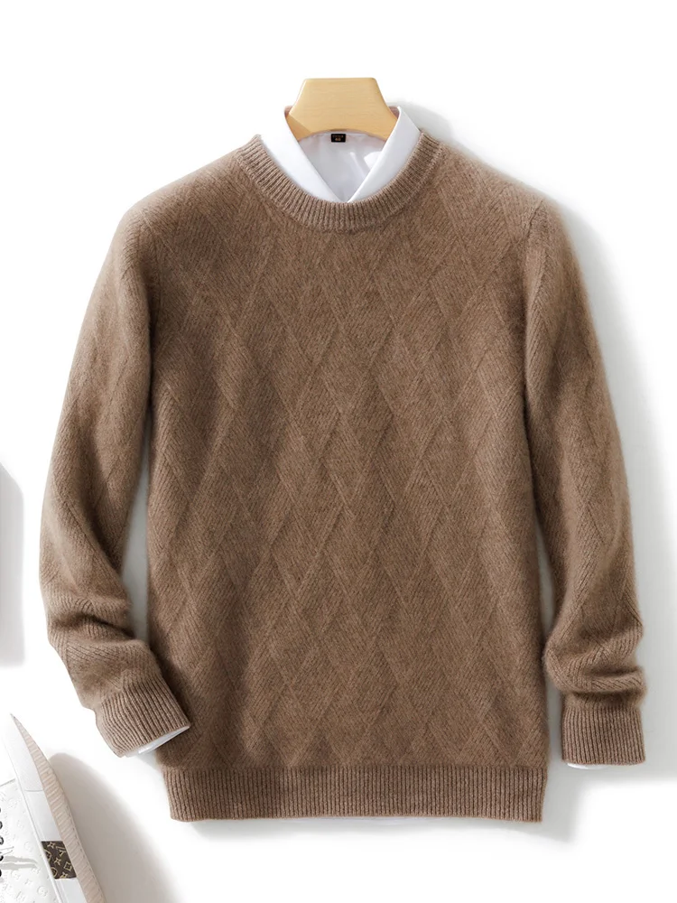 Jesień Zima Mężczyźni Wełniany Pullover O-neck Sweter z długim rękawem Rombowa dzianina Inteligentna odzież codzienna 100% wełna merynosów Dzianina Topy