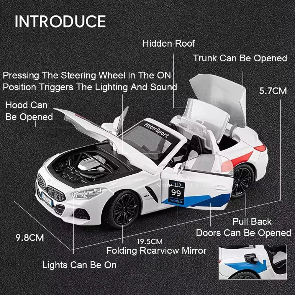 1:22 Supra Z4 Toy Miniature Model Supercar Alloy Diecast Sound Light Door Opened Pull Back Rubber Tires Model Ornament for Kids