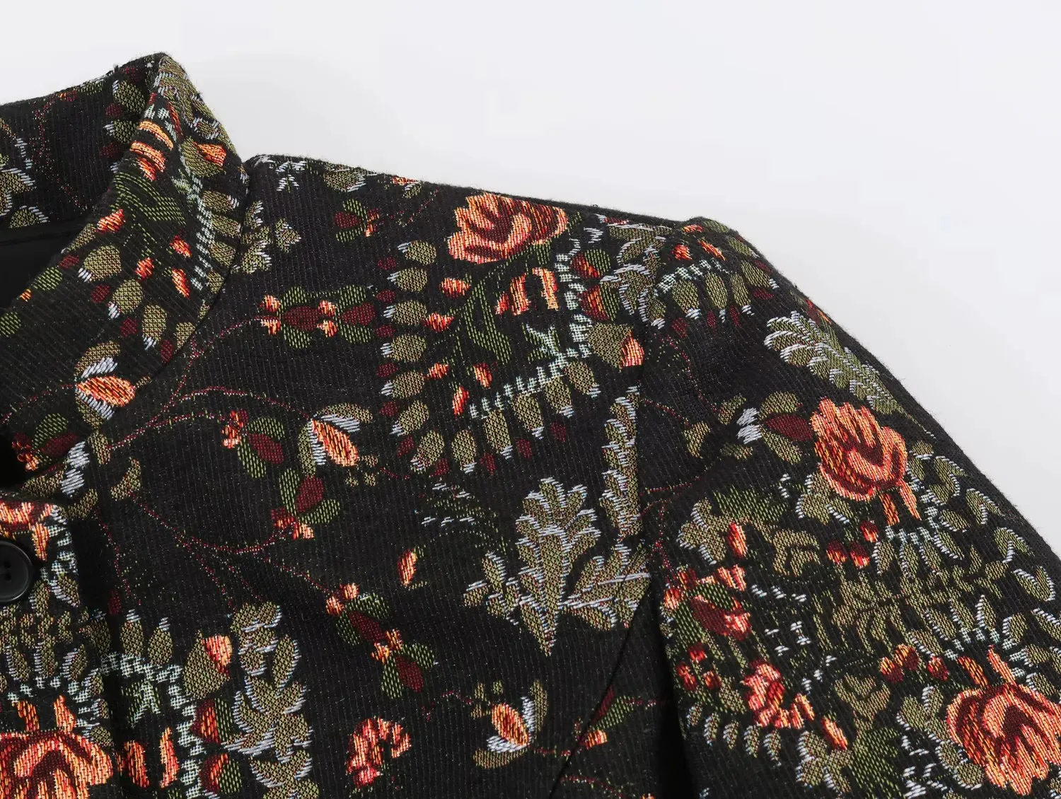 Damen Freizeitjacke mit Blumenmuster, figurbetont, Stehkragen, lange Ärmel, Knopfleiste, Peplum-Ärmel, Damenmode, Herbst, Party-Mantel – Detail 5