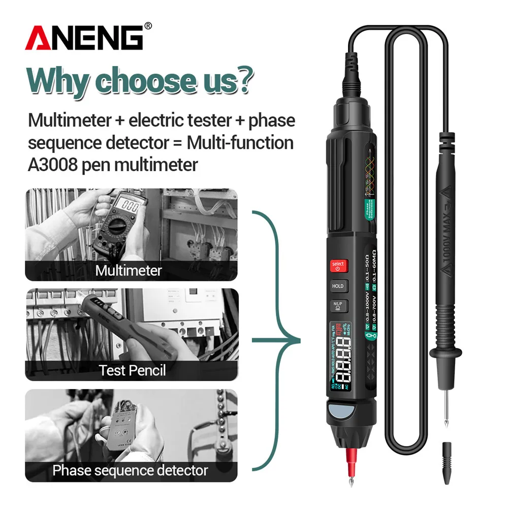 Digital Pen Multimeter Tester Auto Intelligent Sensor ANENG A3008 6000 Counts Non-Contact Voltage Meter Multimeter Polimetro Too