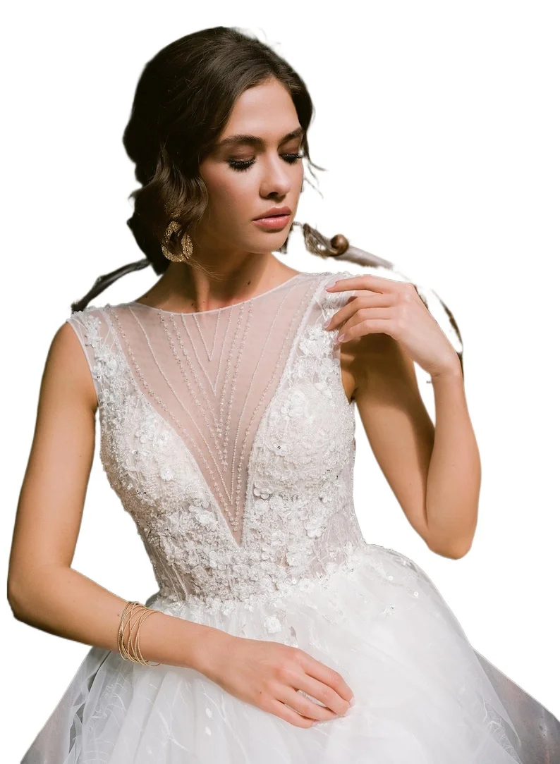 Custom made Embroidered Wedding Dress, Floral Lace Wedding Gown Backless A Line Tulle Bridal Gown with Train Custom Bridal Gowns