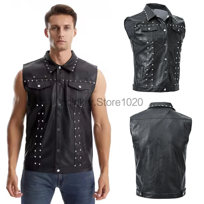 

New Men's Fshion Punk Pu Leather Vest Black Laple Rivet Pockets Sleeveless Motorcycle Waistcoat Hip Hop Street Wear for Men