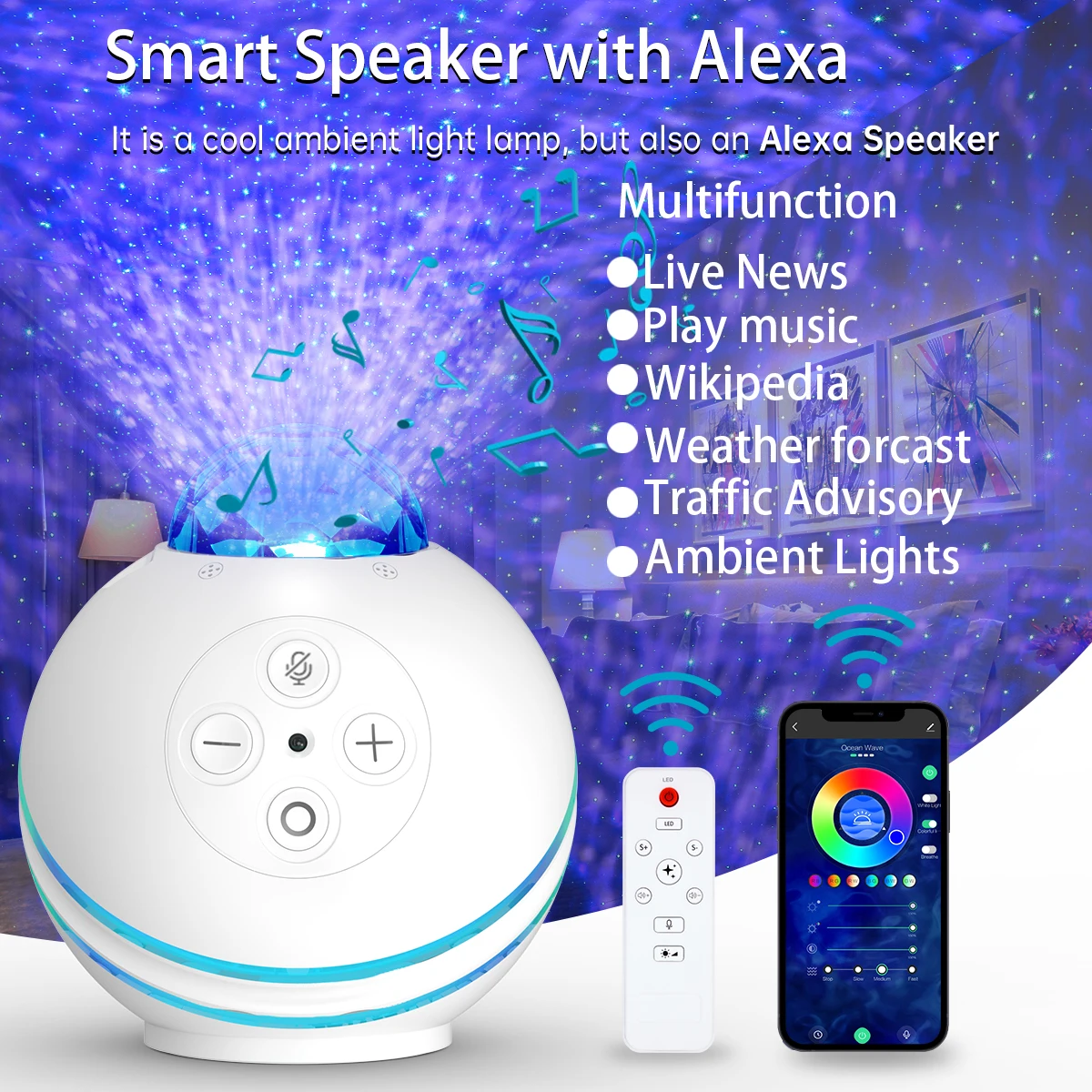 Multifunction Smart Alexa Voice Control Ambient Night Light Galaxy Projector Smart Voice Assistant Speaker With Alexa