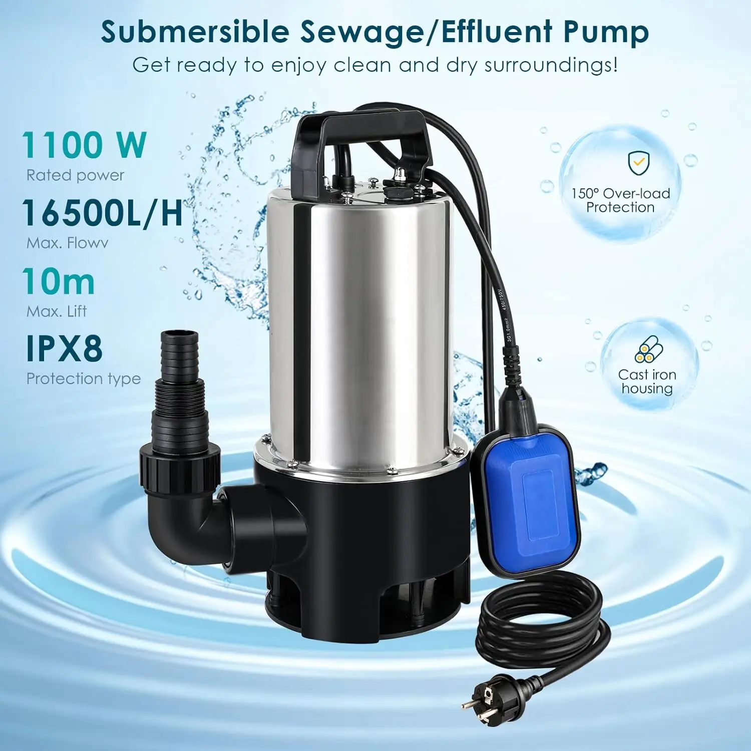 Fixkit Submersible Waste Water Pump 1100W Electric Submersible Pump 16500 L/H Dirty Water Pump with Float Switch