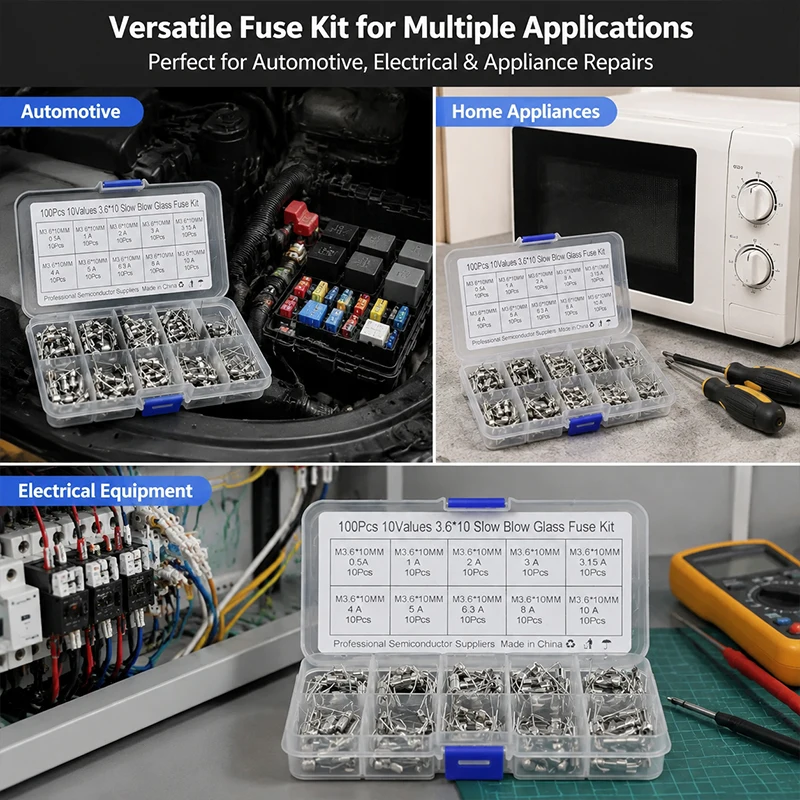 100Pcs 3.6x10mm Quick Blow Glass Fuse Set w/ Pigtail 10 Values 0.5A-10A 250V Assortment Kit in Box