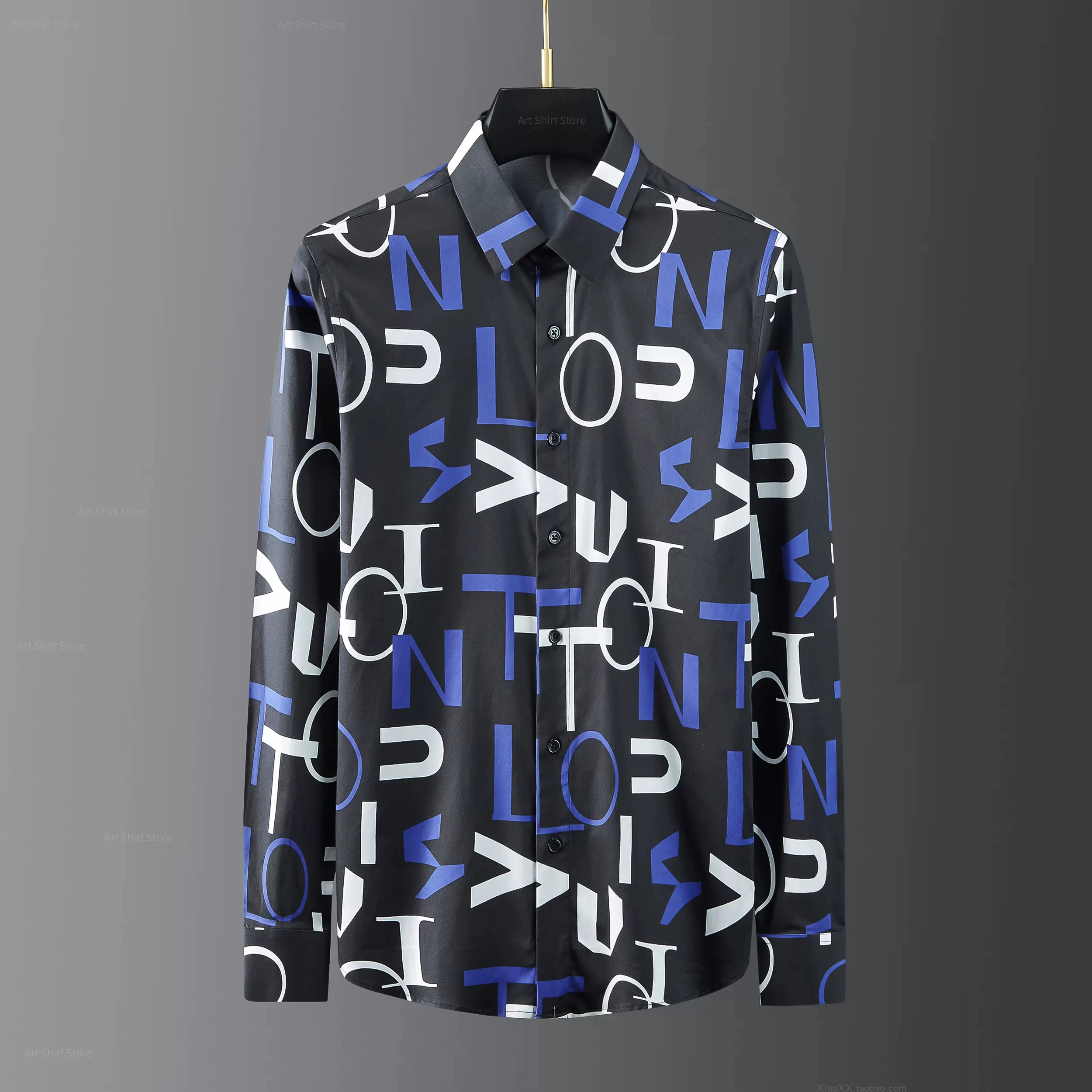 

European and American style men's fashionable personalized niche letter and letter printing slim long-sleeved shirt