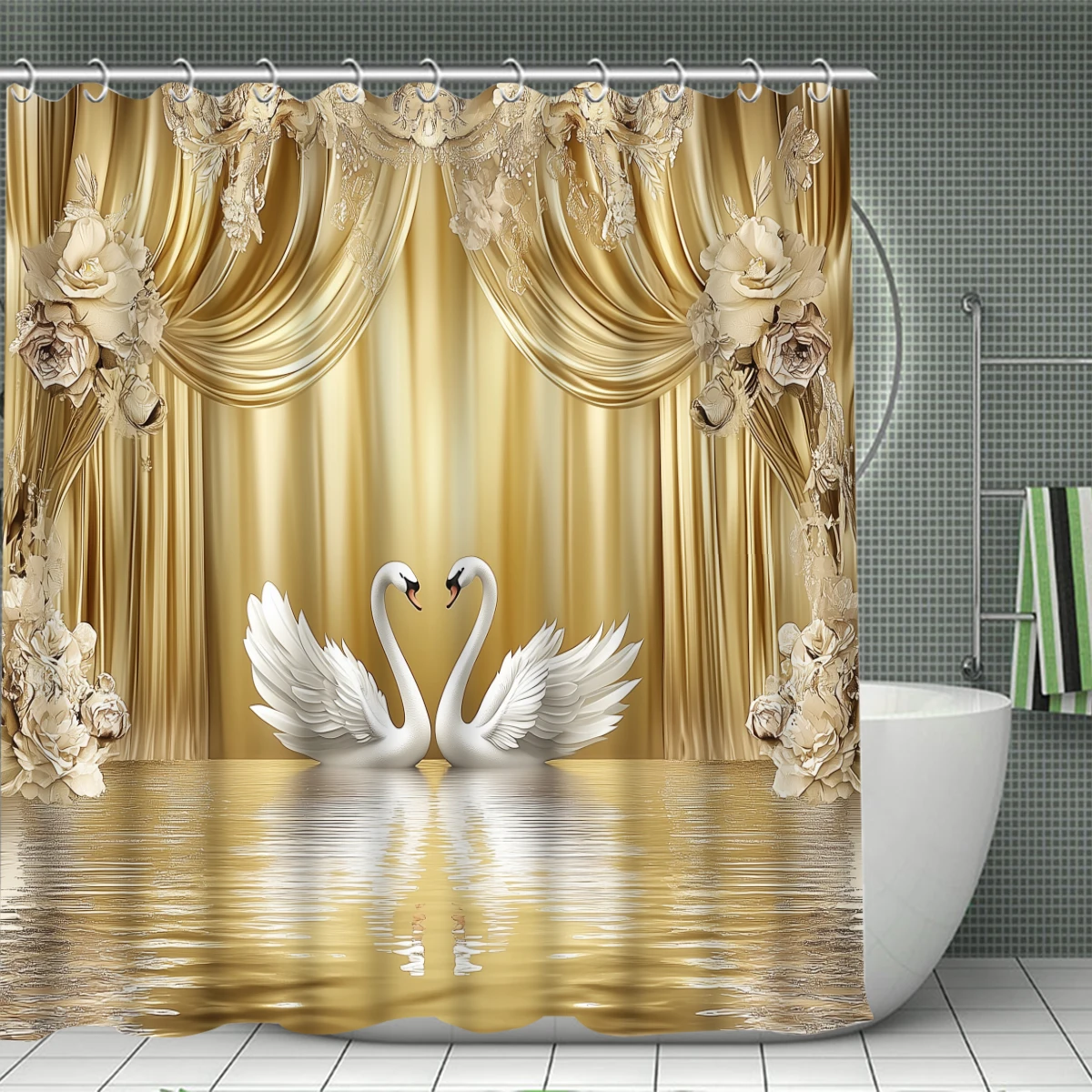 1/4PC gold swan curtain water shower curtain set,waterproof shower curtain and waterproof non-slip carpet,12free hooks