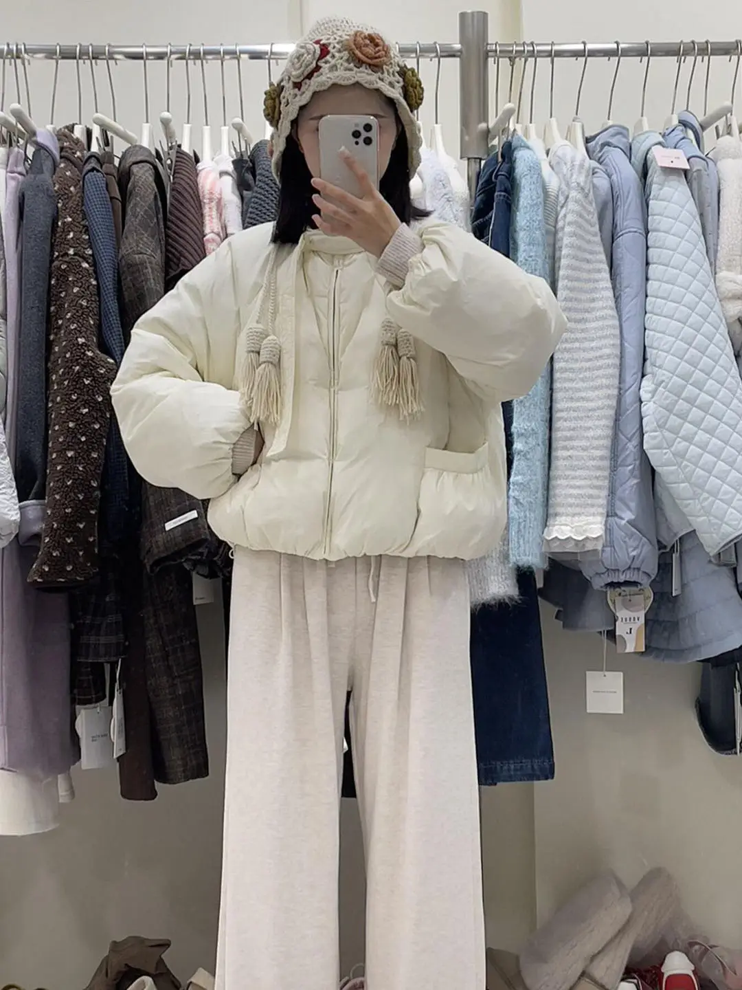 

Thiened Warm Cotton Jaet Women's Dstring Tie round Ne Winter Outerwear Sweet Sle Flurst Polyester Fabric