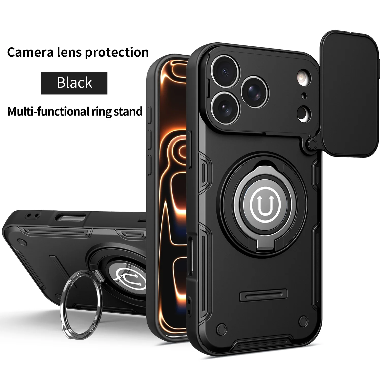Shockproof Power Slide Camera Lens Protection For iPhone 17 16 15 Pro Max Case 17Pro 16Pro 15Pro Magnetic Ring Stand Back Cover