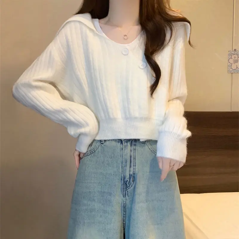 

Осень-зима, свободный вязаный короткий свитер с высокой талией и длинными рукавами во французском стиле ретро для женщин