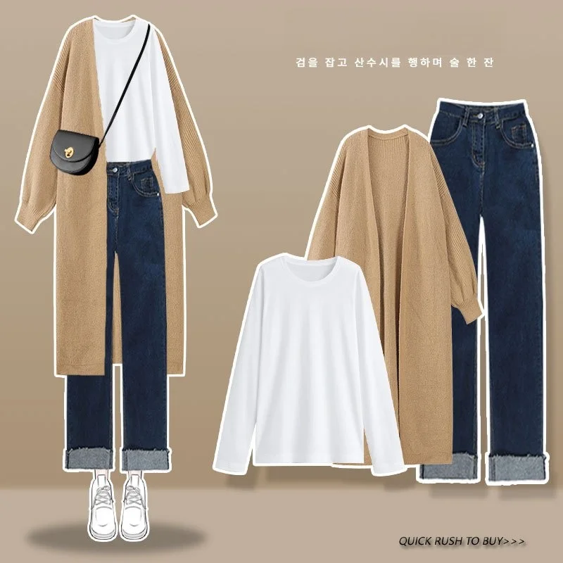

Autumn Fashion Women's Knitted Long Sleeve Jacket round Neck Sweatshirt Denim Pants Three Piece Set New 2025 Style by Yigujie