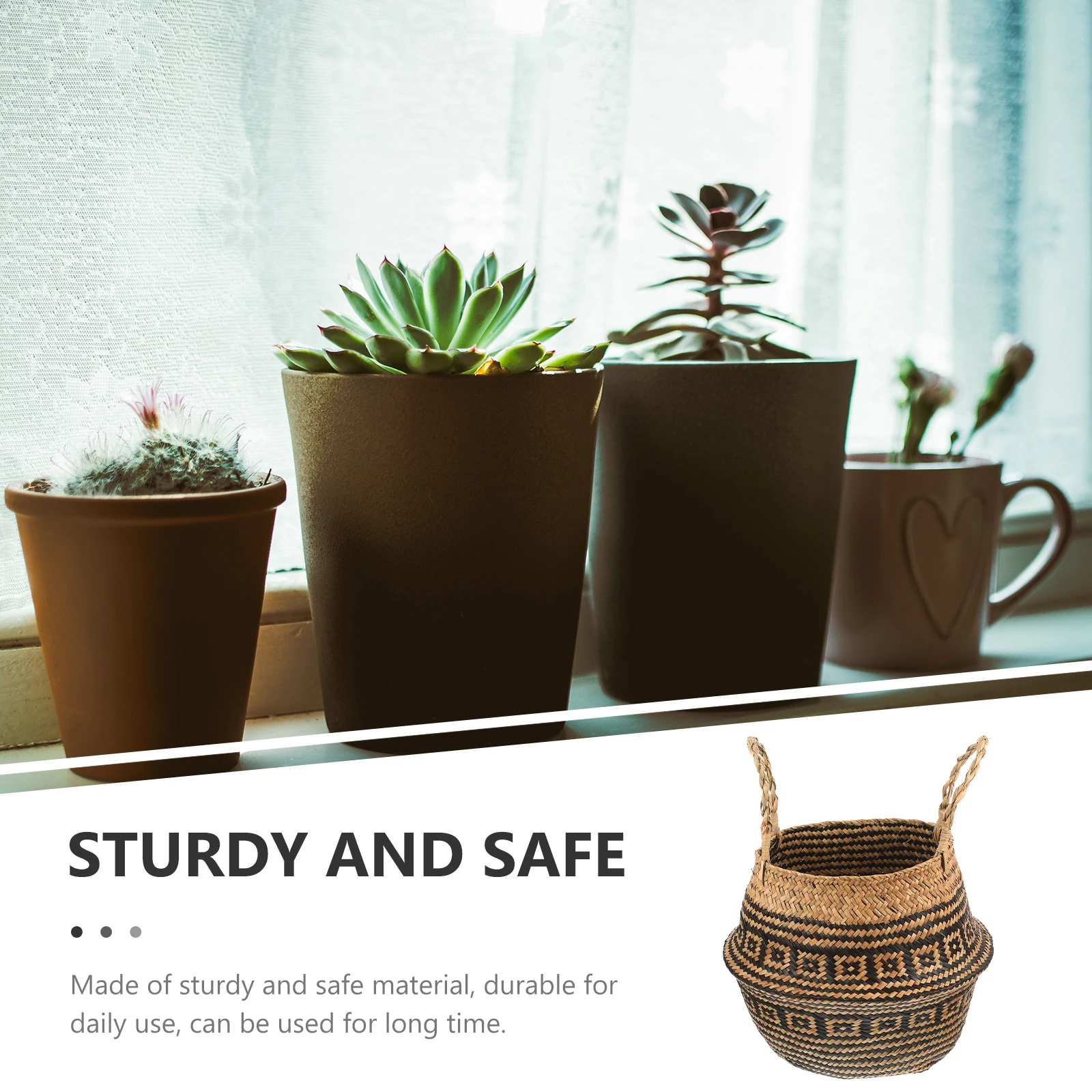 Plant Basket Woven Grass Belly Storage Basket for Flowers and Home Decor Indoor Round Planter Handled Multifunctional Natural