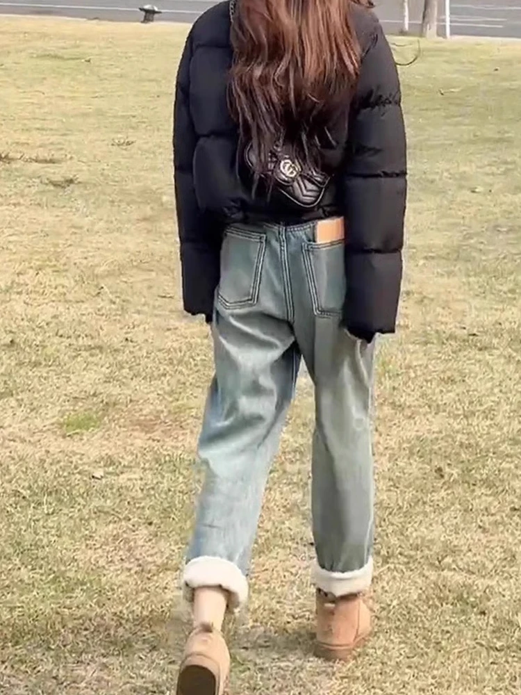 

Женские джинсы-харланы с высокой талией на флисовой подкладке, теплые, утягивающие, прямого кроя, в стиле «папины брюки», длинные, зимние, утолщенные, самонагревающиеся