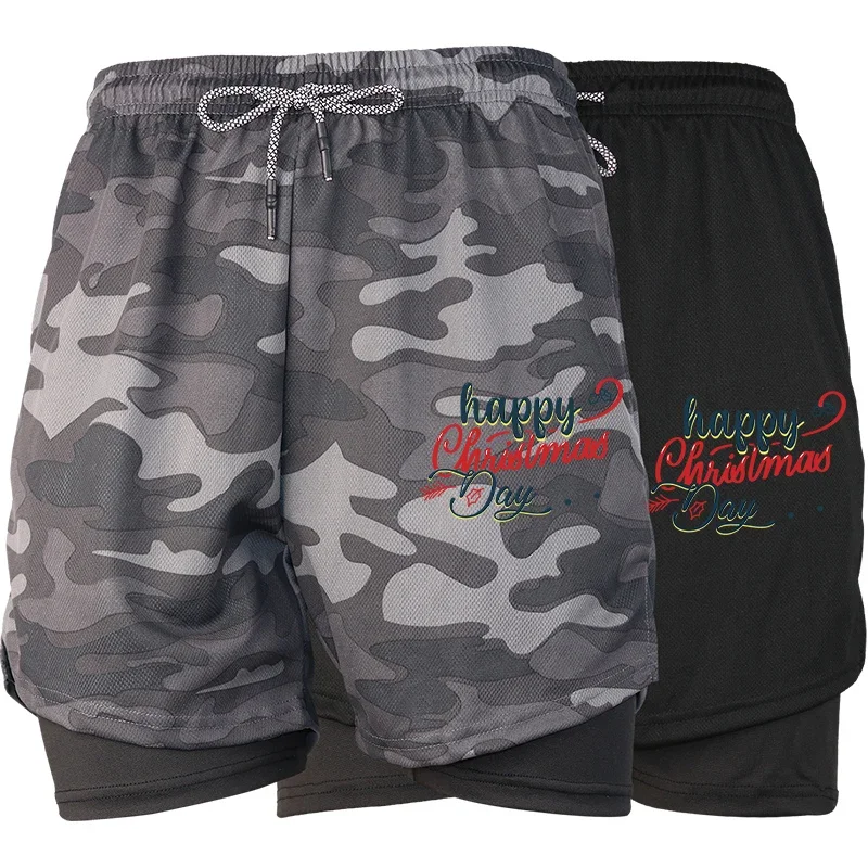 

Мужские летние спортивные шорты для бега 2 в 1, спортивные шорты с принтом и карманом для телефона, быстросохнущие, дышащие