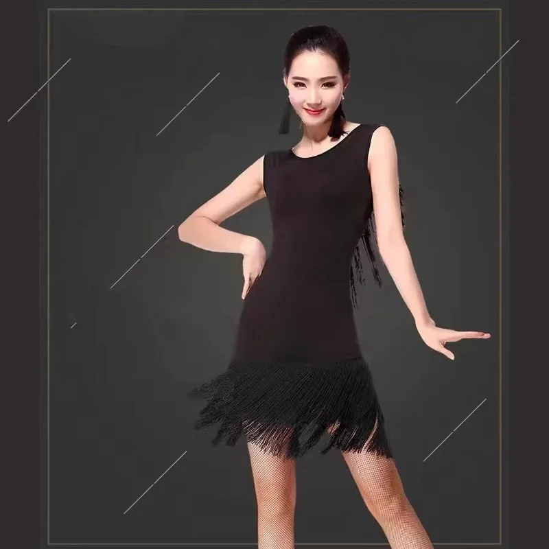 Robe de danse latine personnalisée pour femmes adultes, sans manches, à franges, vêtements d'entraînement, robes de concours de danse de salle de bal sur scène