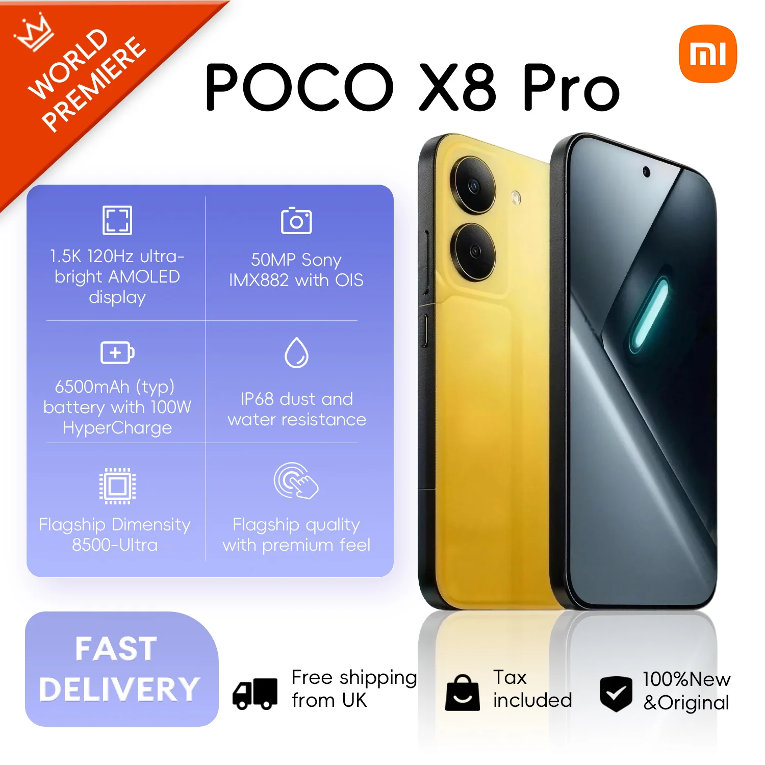 POCO X8 Pro 5G, 8+256GB Global Version, 6.59" 1.5K 120Hz Display Dimensity 8500-Ultra 50MP Camera 6500mAh 100W HyperCharge IP68