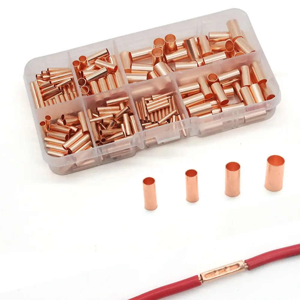 250Pcs 7 Size Wire Ferrules Kit Straight Tube Non Insulated Copper Crimp Connector Boxed Copper Terminal Assortment Kit
