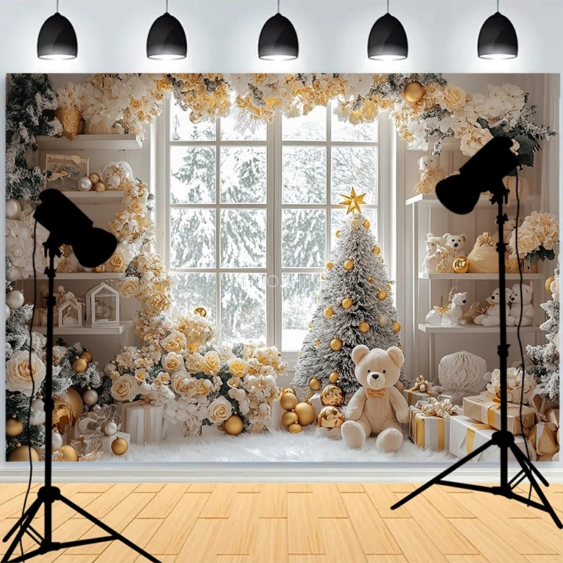 

Vintage Christmas Outdoor Scene With Gift Covered Snow Photography Backdrops Potted Trees New Year Family Party Background XH-65