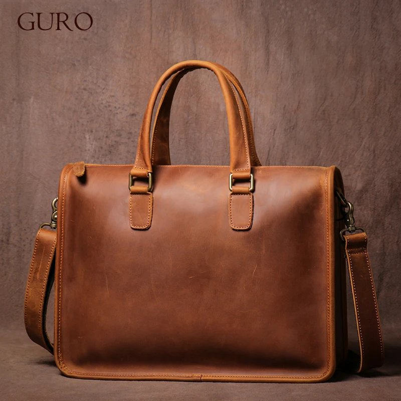 GURO Vintage Genuine Leather Handbag Men\'s Executive Briefcase Original Cowhide Business Shoulder Bag Deluxe Laptop Computer Bag