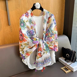 Women's cotton linen scarf 2024 summer new rectangular 180 * 80 flower pattern multifunctional outwear shawl fashion head scarf