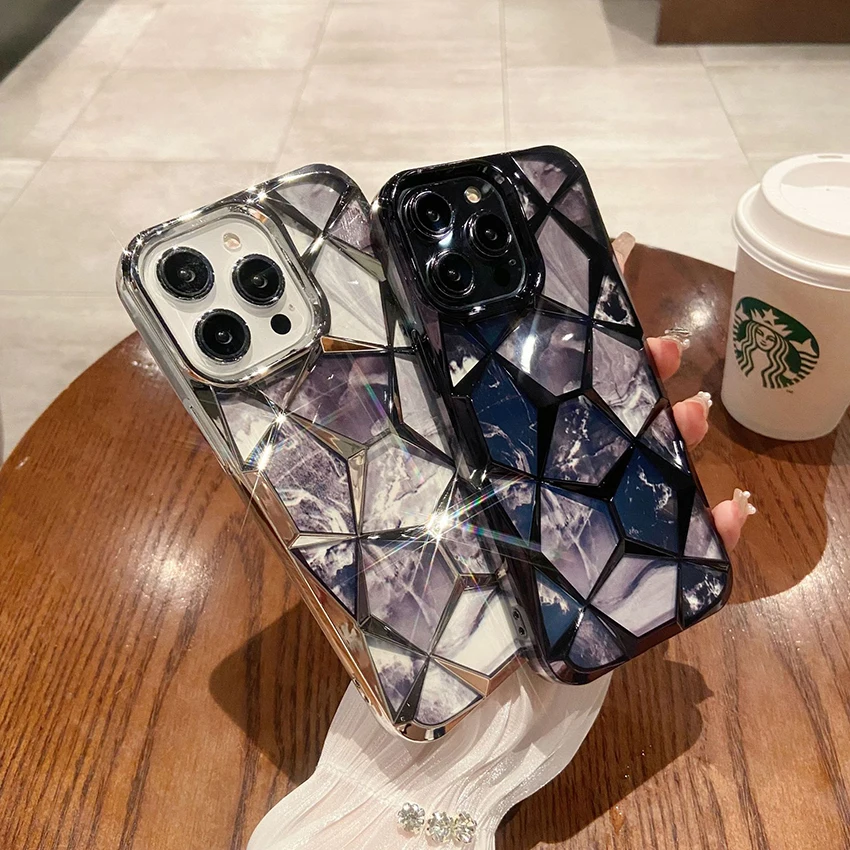 Marble Textured Cardstock Phone Case For Iphone 16 15 14 13 Pro 12 11 Max Plus 16Pro Electroplating Phone Case Soft 15Pro Cover