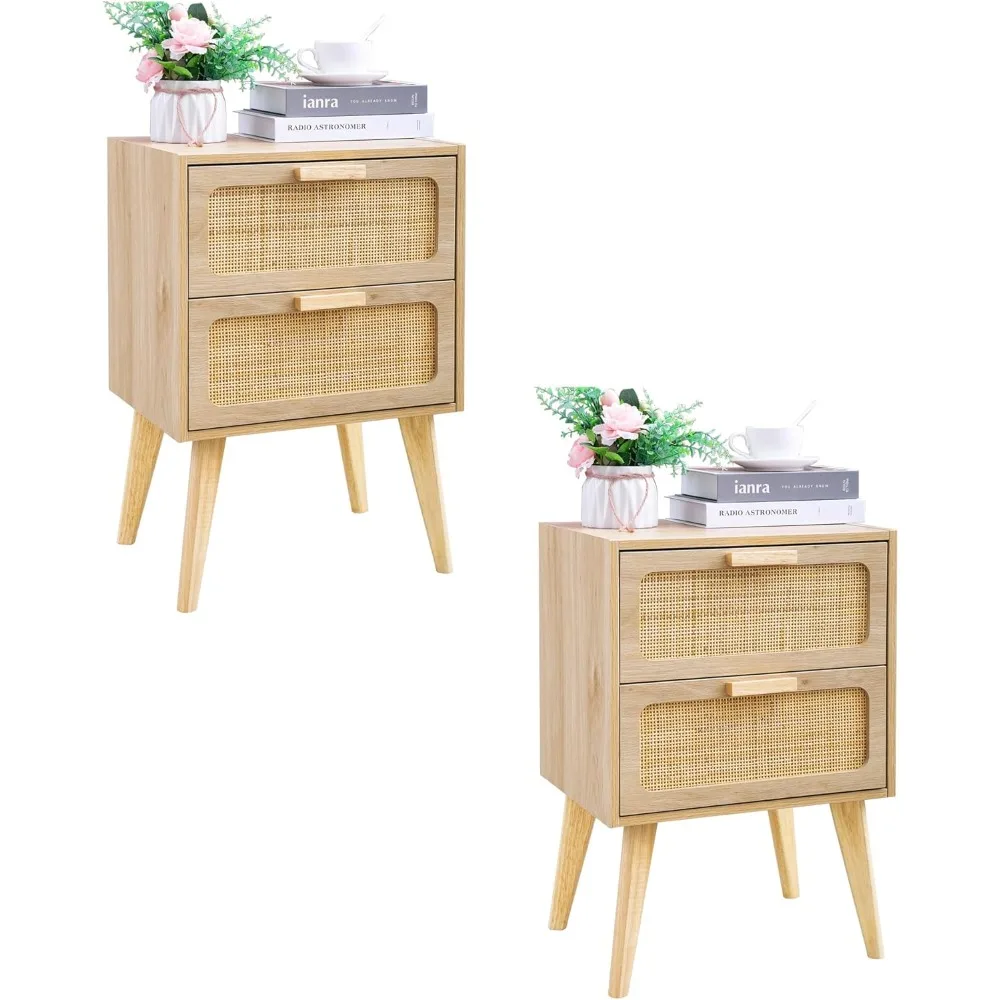 

Rattan Nightstand Set of 2,Side Table with Hand Made Rattan Decorated Drawers,Boho Bedside Table,Wood Accent Table with Storage