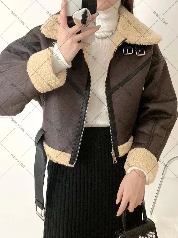 Veste Courte en Fausse Fourrure de Cuir d'Agneau pour Femme, Manteau Chaud en Peau de Mouton, Streetwear avec Ceinture, Optique Moto Biker, Hiver