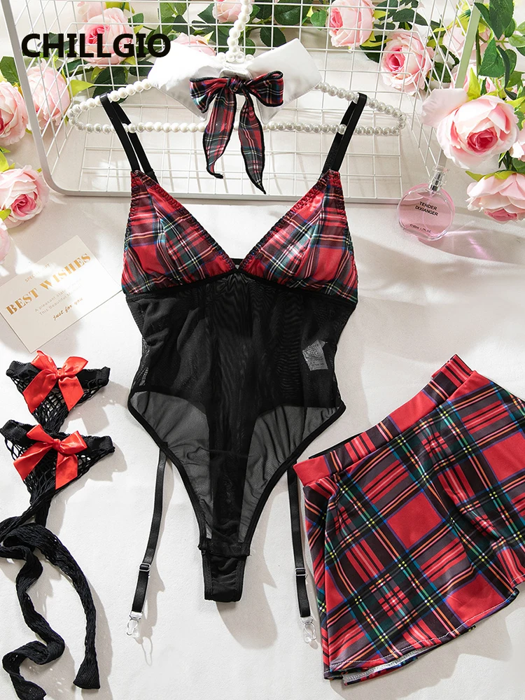 CHILLGIO النساء منقوشة طباعة داخلية التنانير 4 قطع مجموعات الأزياء المثيرة تأثيري قطعة واحدة مزيج Strappy السروال القصير الملابس الداخلية #1