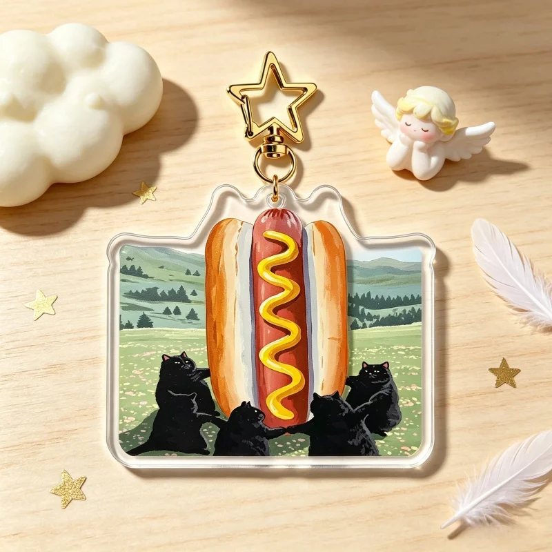 Black Cat Giant Hot Dog Acrylic Keychain Funny Surreal Oil Painting Kitty Charm Just Another Day In Paradise Pendant Bag  Gift