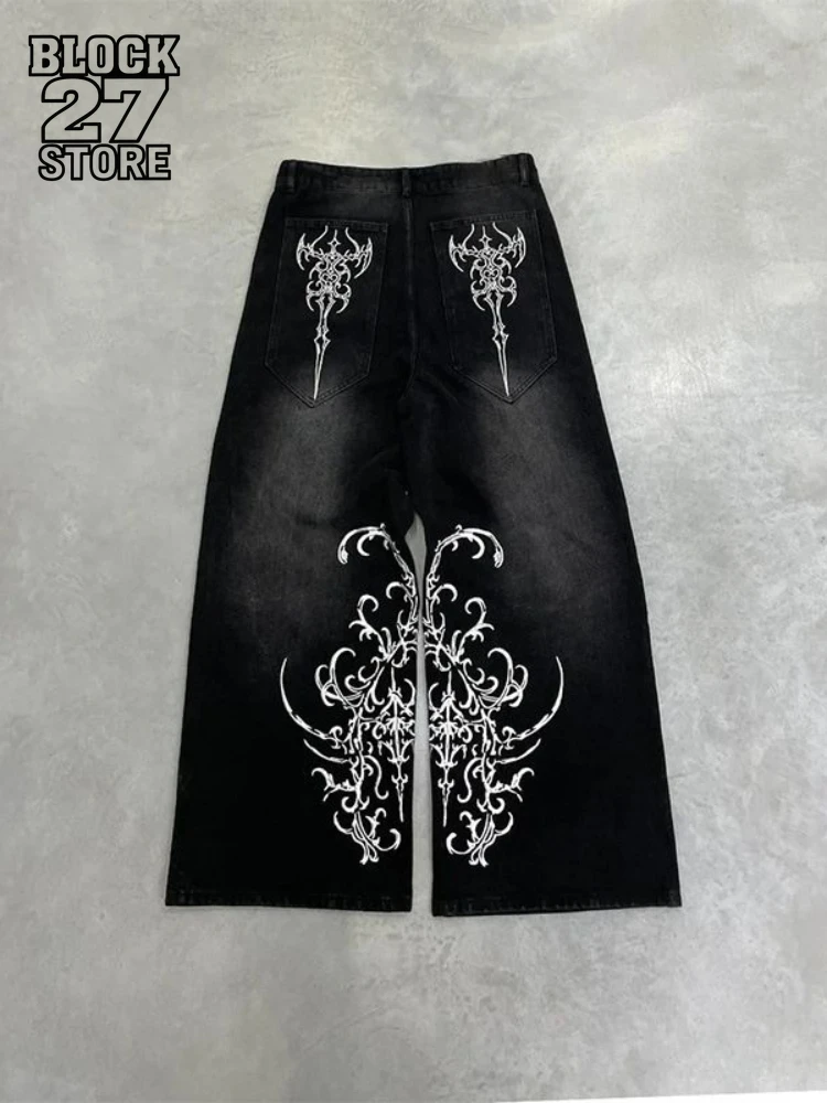 

Мужские джинсы Harajuku в европейском стиле INS, уличная мода, темные джинсы с графическим принтом, свободный крой, прямые штанины, повседневные, унисекс, новинка