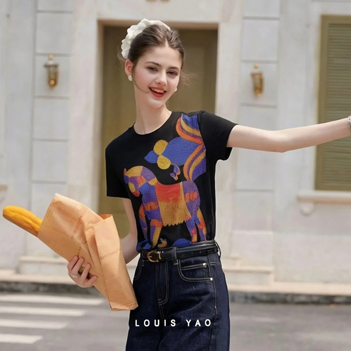 LOUIS YAO Print Women's T-Shirt 2026 Summer Designer Pony T-shirt Knitted Slight Stretch Color Block Crew Neck Top for Women