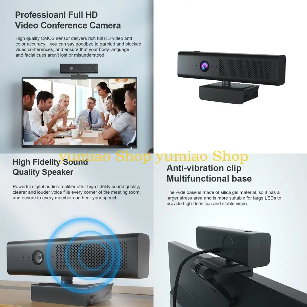 587B 1080p 3-in-1 Speaker Camera Built-in Microphone Privacy Cover Full High Definition Webcame for Mute Button Privacy Cover