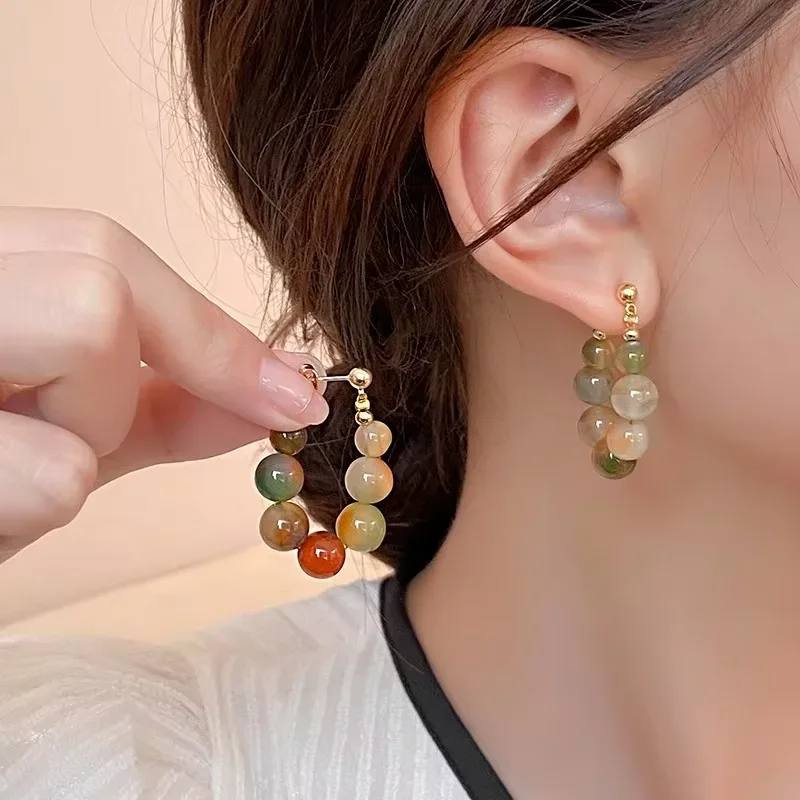 Natural Stone Beaded Waterdrop Hoop Earrings For Women Multi Color Semi-Precious Beads Vintage Girls Earrings Gorgious Jewelry