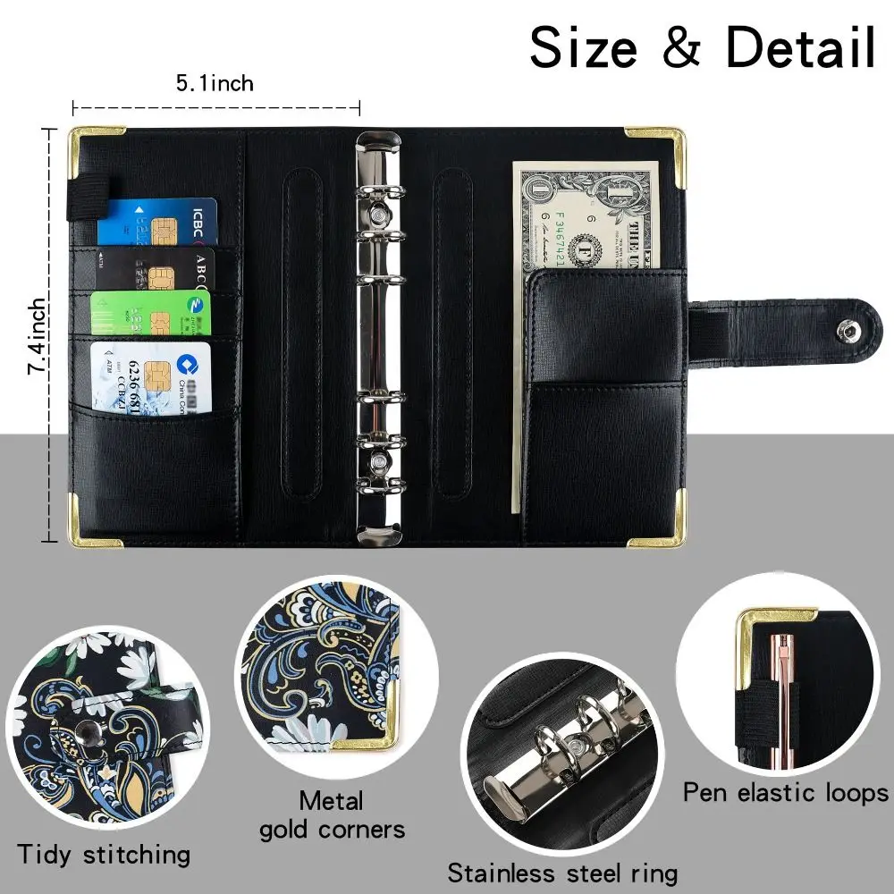PU 가죽 예산바인더 노트북 현금 봉투 시스템 세트, 바인더 포켓, 돈 예산절약 청구서 정리함, A6