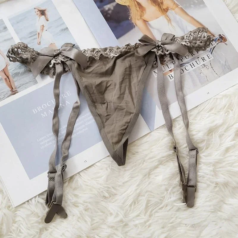 Women Sexy Lace Solid Thin Suspender Garter belt with transparent T-back G-String Belt Lingerie Bow knot sex game sm Panty