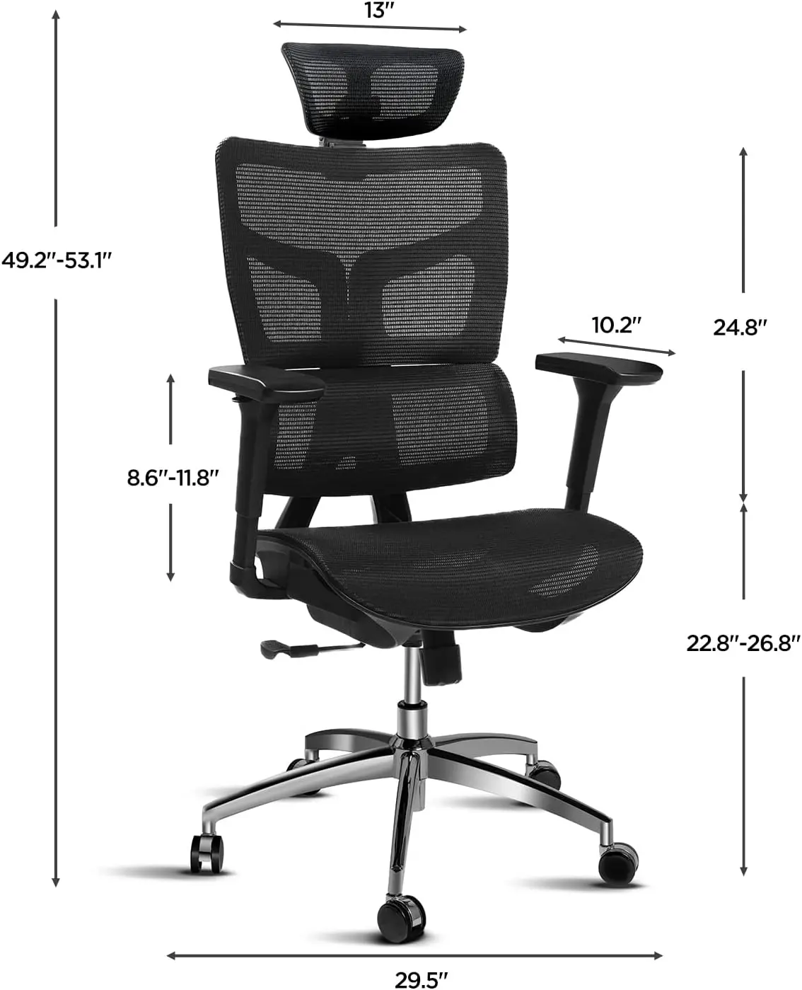 Ergonomischer Netz-Bürostuhl, Bürostuhl mit fortschrittlicher verstellbarer 4D-Kopfstütze und Armlehne, Lordosenstütze für lange Stunden,