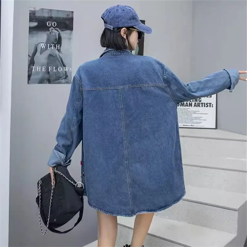 Fashion Diamond Blue Thin Denim Shirt Coat Women Casual Lapel Single-breasted Long Sleeve Jeans Jackets Streetwear Spring New