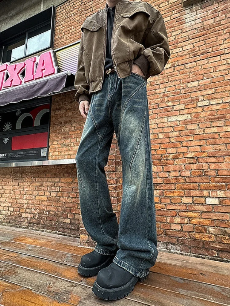 

Retro American Waed Denim Jeans Men's Spring Autumn Loose Straight Korean Version High Waist Long Pants Trendy Knife