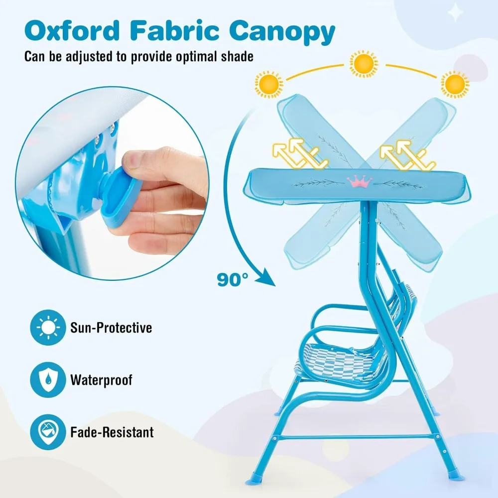 Kids Patio Swing, 2-Seater Outdoor Porch Swing Lounge Chair, Adjustable Canopy & Safety Belt, All Weather Resistant Waterproof