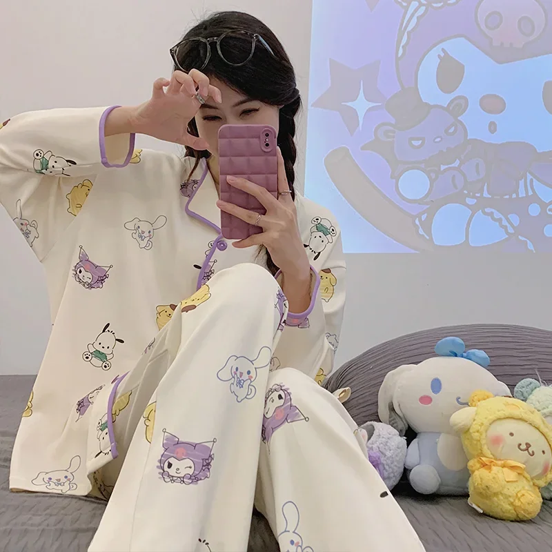 Новая шелковая пижама Sanrio Kulomi, Женская Повседневная Пижама из чистого хлопка с милым рисунком, зеленая дышащая и удобная домашняя пижама