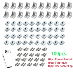 2020 Aluminum Profile Connector Set: 20pcs Corner Bracket + 40pcs 20 Series M5 T-slot Nuts + 40pcs M5x8mm Hex Socket Cap